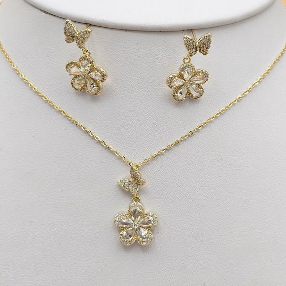 Sets - 14K Gold Plated.  CZ Flower Butterfly Pendant - Chain - Earrings Set. *Premium Q*