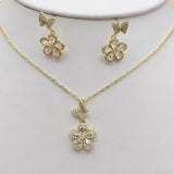 Sets - 14K Gold Plated.  CZ Flower Butterfly Pendant - Chain - Earrings Set. *Premium Q*