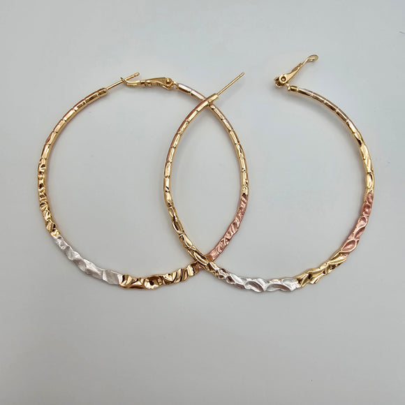 Earrings - Tri Color Gold Plated. Hoops 2.4in D *Premium Q*