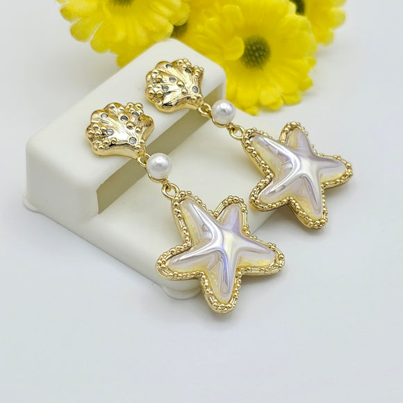 Earrings - 14K Gold Plated. Starfish Shell Long Earrings. *Premium Q*
