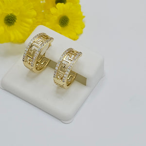 Earrings - 14K Gold Plated. Greek Meander key Design. Clear Crystals *Premium Q*