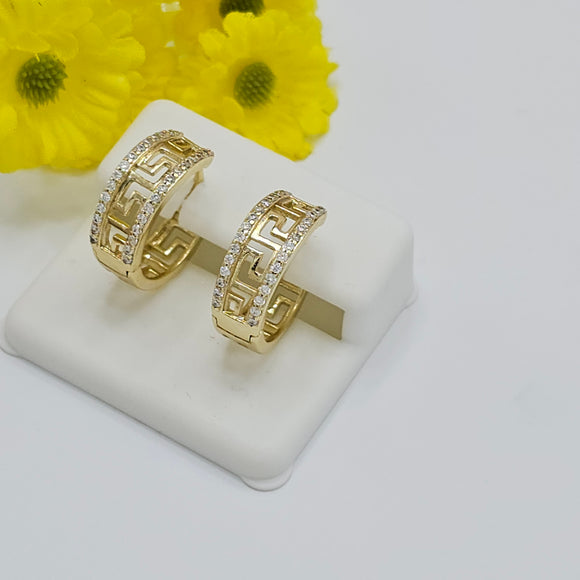 Earrings - 14K Gold Plated. Greek Meander key Design. Clear Crystals *Premium Q*