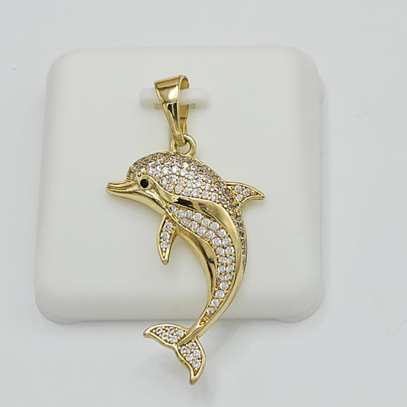 Pendants - 14K Gold Plated. Dolphin with crystals. *Premium Q*