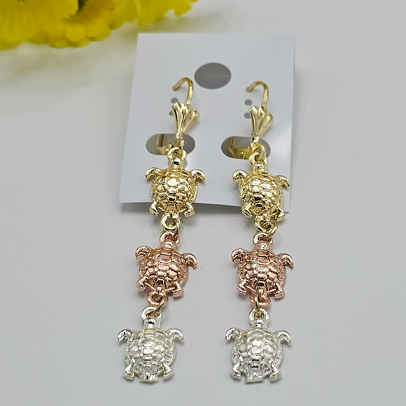 Earrings - Tri Color Gold Plated. Turtle Long Earrings.