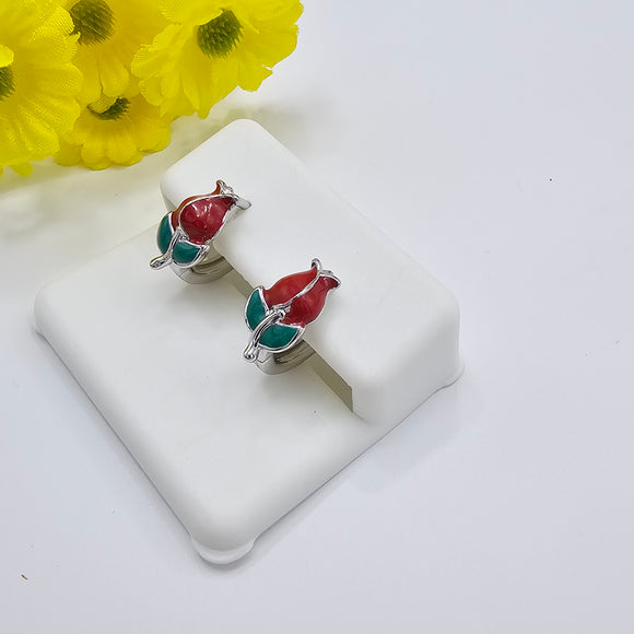 CLOSEOUT* Earrings - Rhodium Plated. Red Flower Earrings. *Premium Q*