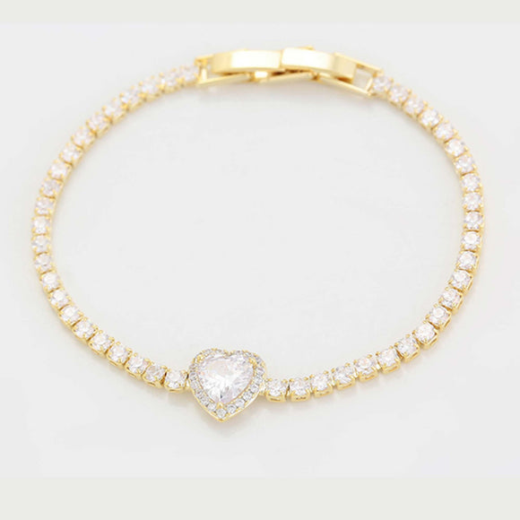 Bracelets - 14K Gold Plated. Heart Bracelet. Clear CZ *Premium Q*