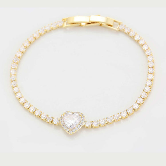Bracelets - 14K Gold Plated. Bow Bracelet. Heart - Clear CZ *Premium Q*