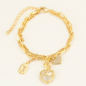 Bracelets - 14K Gold Plated. Double Chain Heart Love Charms  *Premium Q*