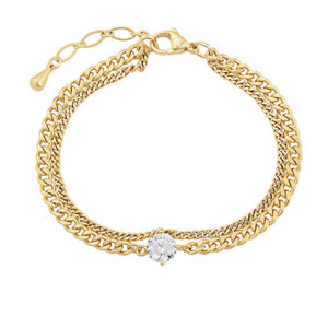 Bracelets - 14K Gold Plated. Double Chain Solitaire CZ crystal  *Premium Q*