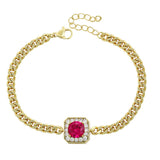 Bracelets - 14K Gold Plated. Curb Cuban Link Chain. Ruby Color Crystal *Premium Q*