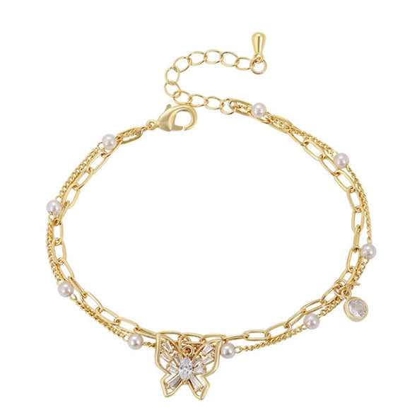 Bracelets - 14K Gold Plated. Double Chain - Butterfly. *Premium Q*