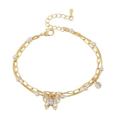 Bracelets - 14K Gold Plated. Double Chain - Butterfly. *Premium Q*