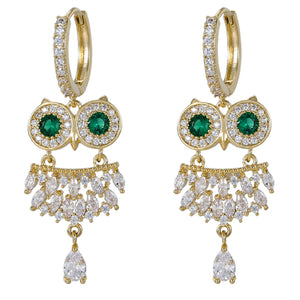 Earrings - 14K Gold Plated.  Owl with Crystals. Luxury. *Premium Q*