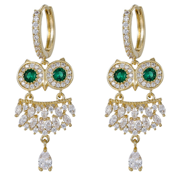 Earrings - 14K Gold Plated.  Owl with Crystals. Luxury. *Premium Q*