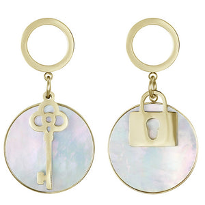 CLOSEOUT* Earrings - 14K Gold Plated. Padlock - Key - Shell.  *Premium Q*