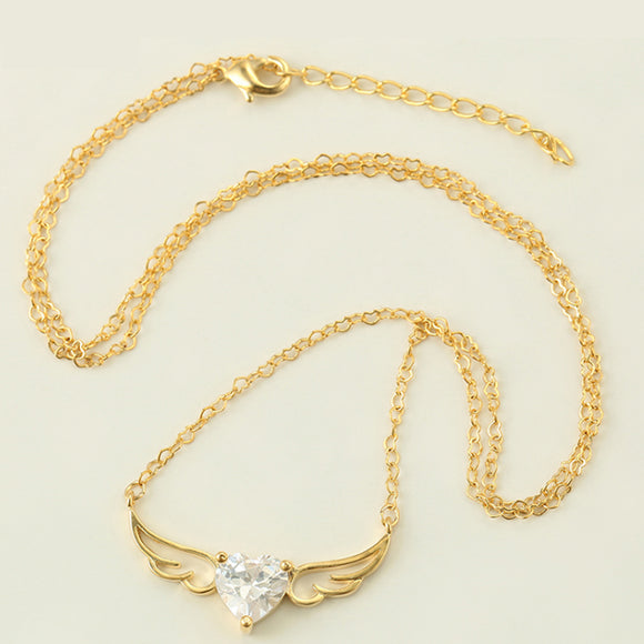 Necklace - 14K Gold Plated. Crystal Heart with Angel Wings. *Premium Q*