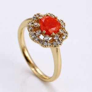 CLOSEOUT* Rings - 14K Gold Plated. Fire Orange crystal Flower. *Premium Q*