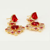 Earrings - 14K Gold Plated. Luxury Elegant Red Heart Drop. *Premium Q*