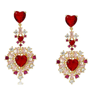 Earrings - 14K Gold Plated. Luxury Elegant Red Heart Drop. *Premium Q*