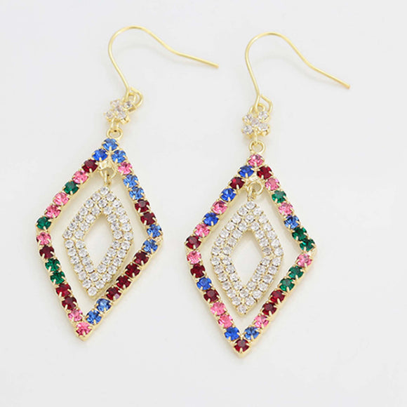 Earrings - 14K Gold Plated.  Multicolor Crystals Diamonds Shape Drop. Luxury. *Premium Q*