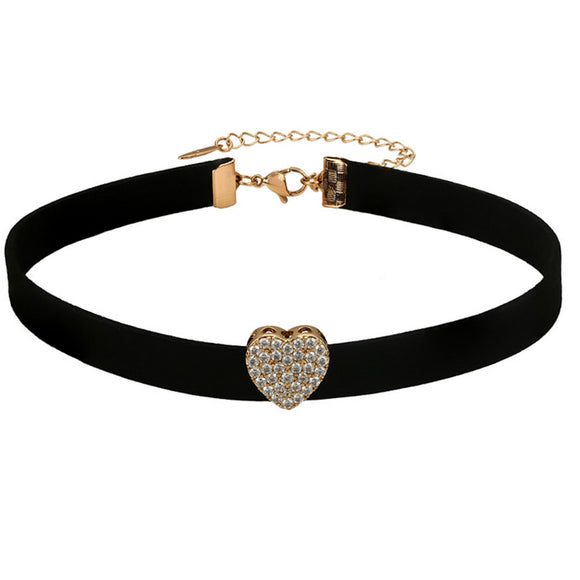 Necklace - 18K Gold Plated. Crystal Heart Choker. *Premium Q*
