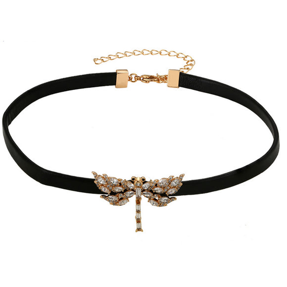 Necklace - 18K Gold Plated. Crystal Dragonfly Choker. *Premium Q*