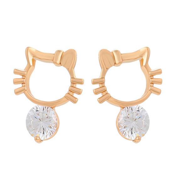 Earrings - 18K Gold Plated. Kitty Cat Stud Earrings -Crystals. *Premium Q*