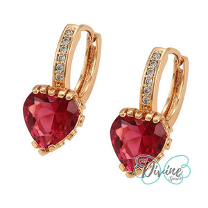 Earrings - 18K Gold Plated. Red Crystal Heart Huggies. *Premium Q*