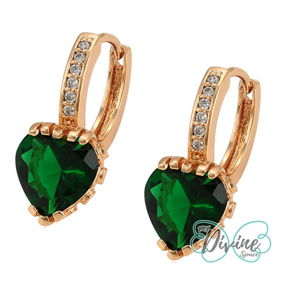 Earrings - 18K Gold Plated. Green Crystal Heart Huggies. *Premium Q*