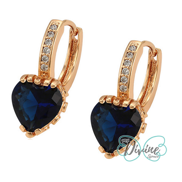 Earrings - 18K Gold Plated. Blue Crystal Heart Huggies. *Premium Q*