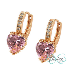 Earrings - 18K Gold Plated. Pink Crystal Heart Huggies. *Premium Q*