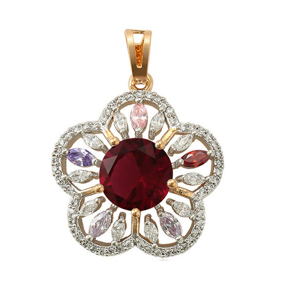 Pendants - 18K Gold Plated. Flower Ruby Color Crystal Pendant. *Premium Q*