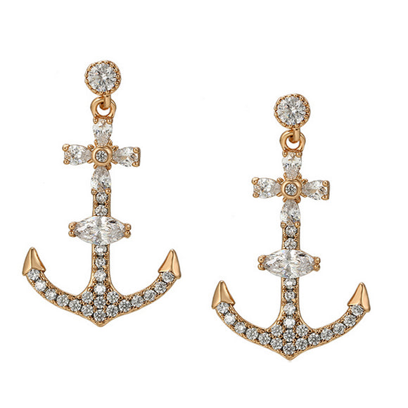 Earrings - 18K Gold Plated.  Anchor with Crystals Earrings. *Premium Q*