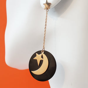 CLOSEOUT* Earrings - Stainless Steel. 18K Gold Plated. Long Earrings - Moon - Star. *Premium Q*
