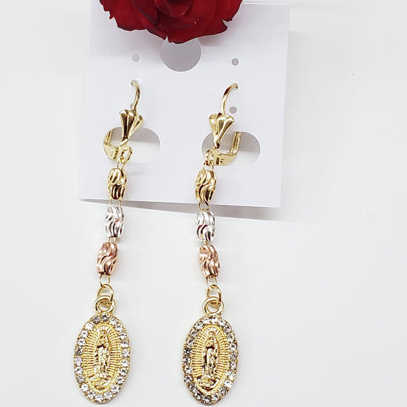 Earrings - Tri Color Gold Plated. Our Lady of Guadalupe Long Earrings.