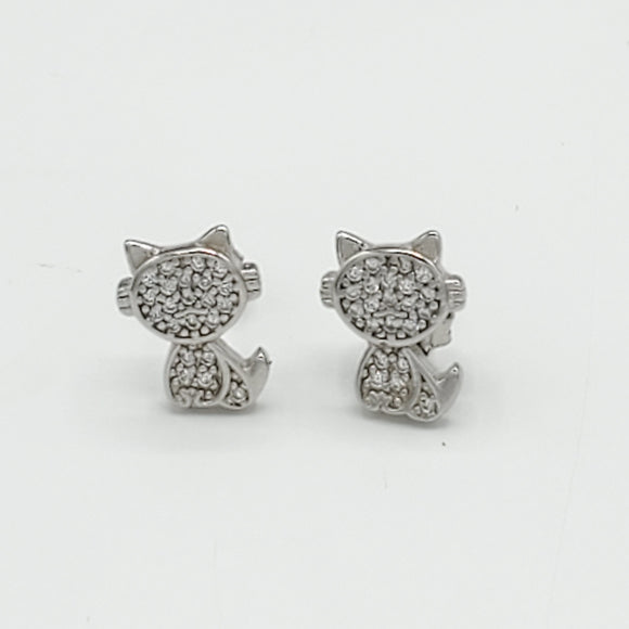 Earrings - 925 Sterling Silver. Cat Stud Earrings. (1 Pair)