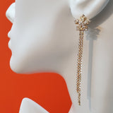 CLOSEOUT* Earrings - 14K Gold Plated. Clear Crystals Flower Long Earrings.  *Premium Q*