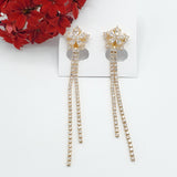 CLOSEOUT* Earrings - 14K Gold Plated. Clear Crystals Flower Long Earrings.  *Premium Q*
