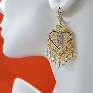 Earrings - Tri Color Gold Plated. Our Lady of Guadalupe Heart Chandelier Earrings.