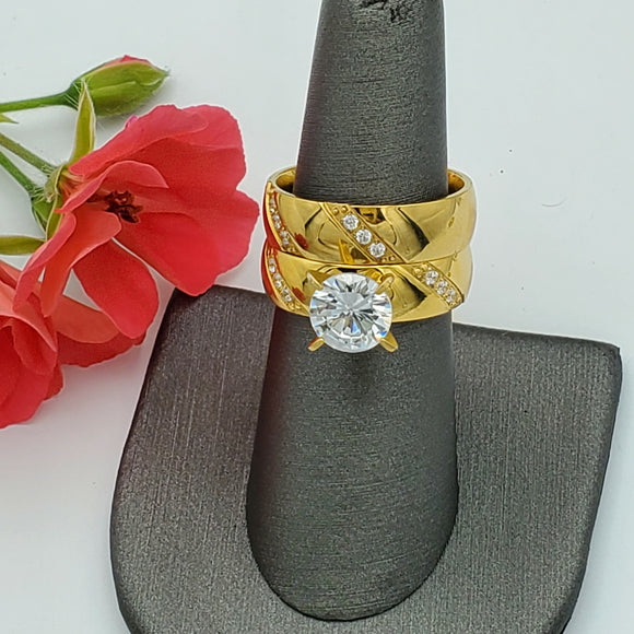 Rings - Stainless Steel Gold Plated Band CZ Wedding Set. Unisex *Premium Q*