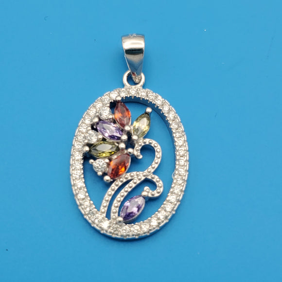 Pendants - 925 Sterling Silver. Multicolor CZ Oval Flower