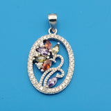 Pendants - 925 Sterling Silver. Multicolor CZ Oval Flower