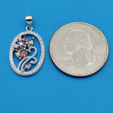 Pendants - 925 Sterling Silver. Multicolor CZ Oval Flower