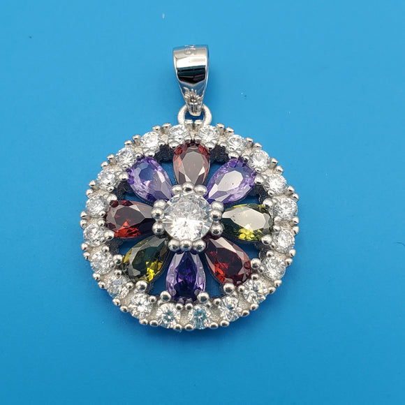 Pendants - 925 Sterling Silver. Multicolor CZ Round Flower