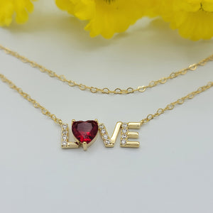 Necklace - 14K Gold Plated. LOVE word Red Heart CZ. *Premium Q*