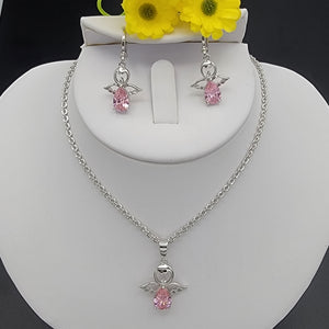 CLOSEOUT* Sets - Rhodium Plated. Angels Necklace & Earrinsg Set. Pink crystals  *Premium Q*