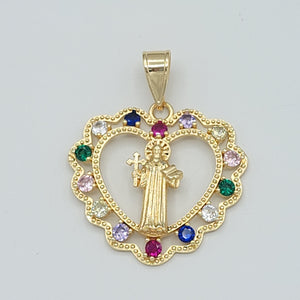 Pendants - 14K Gold Plated. Saint Benedict. Multicolor Heart. San Benito