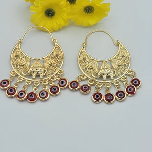Earrings - 14K Gold Plated. Red Eyes - Elephant - Hoops
