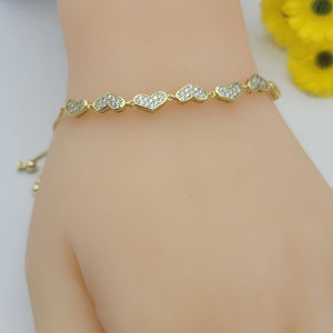 Bracelets - Slider. 14K GP. Clear Crystals Hearts.  Adjustable. *Premium Q*