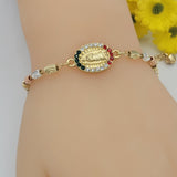 Bracelets - Tri Color Gold Plated. Our Lady Of Guadalupe. Oval Medal with Crystals.